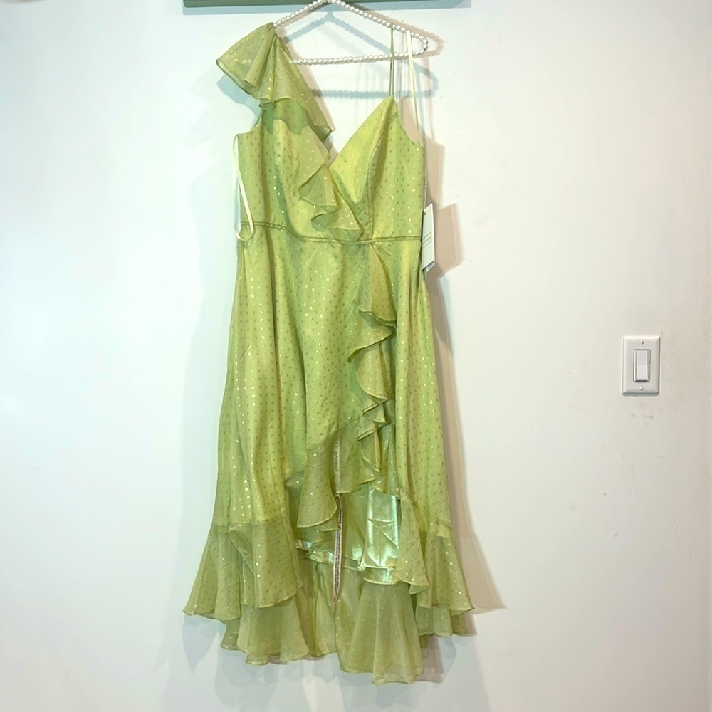 New MAC DUGGAL Ruffle Faux Wrap Midi Dress pastel green metallic gold polka dots